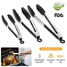 3x Stainless Steel BBQ Serving Set Kitchen Tongs With Silicone Tips Salad Grill