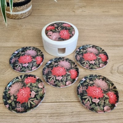 Kleeblatt Melamin Untersetzer Set ''Gobelin'' in Aufbewahrungsschale Floral x 5 Vintage
