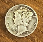 1939 Mercury Dime 10C – 90% Silver – Circulated – Nice Toning – Winged Liberty