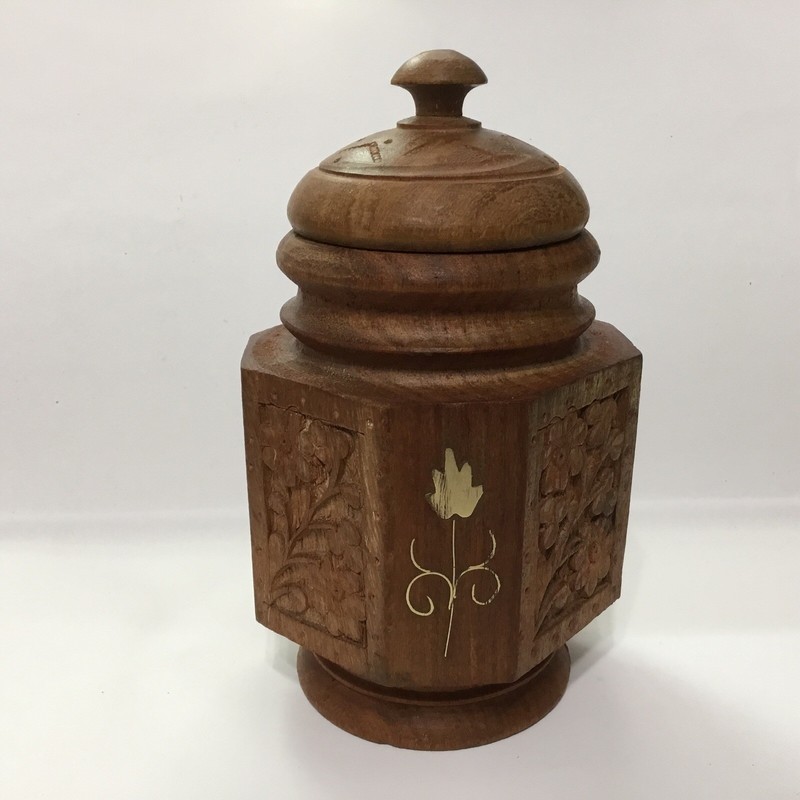 Vintage Wooden Hand Carved Canister With Lid And Brass Inlay