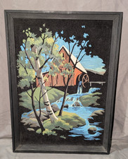 Vintage Paint By Numbers On Black Velvet RED BARN Waterwheel Stream Birch Trees