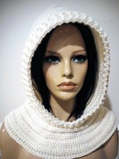 handmade crochet womans hat oversized hood cowl scoodie snood white aran new