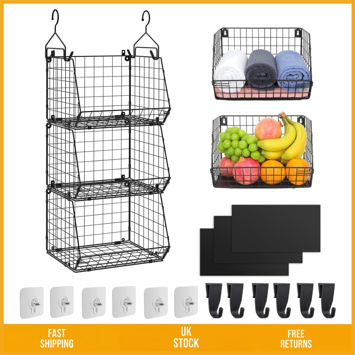Versatile 3 Tier Stackable Metal Wire Hanging Fruit Vegetable Basket Storage