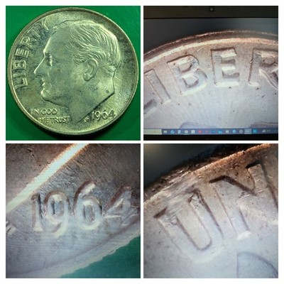 1964-P Roosevelt Silver Dime MULTI-ERROR: DDO + DDR + Strikethrough. AU