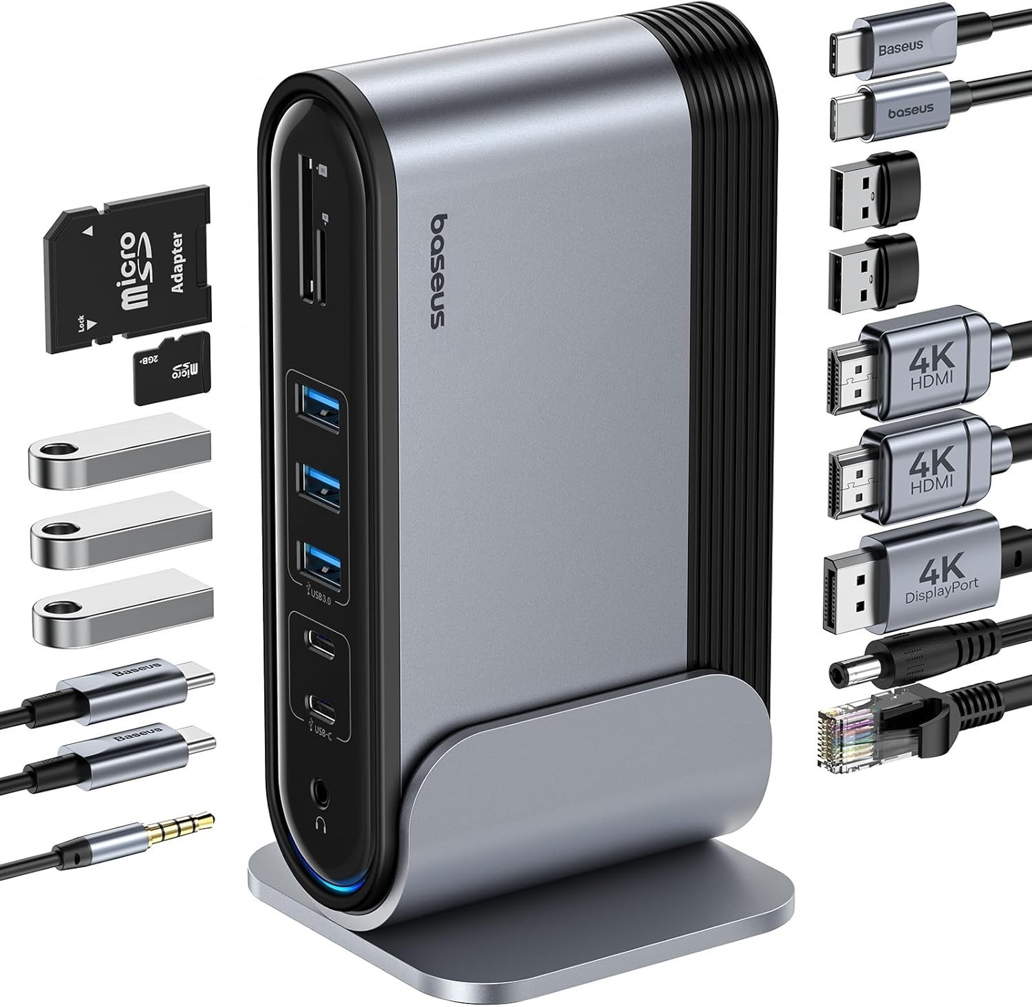 Baseus- 17 in 1 Docking Station - 3 Monitor; 2x HDMI+DP, 7 USB, 1Gbps Ethernet