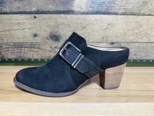 Vionic Cheyenne Suede Mules-Size 6.5-Black-Buckle Detail-Block Heel-Arch Support