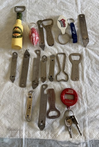 19 Vtg Can Bottle Openers Krueger Harvard Ale Dawson’s Pabst Schlitz Bud Blatz