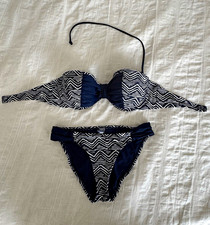 Aerie Navy/White Chevron 2-Piece Bikini Set Padded Bandeau Halter Top S