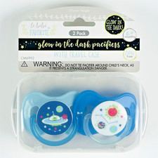 NEW Le Bebe 2 Pack Glow-in-the-Dark Blue Pacifiers UFO, Planets, Stars w/ Case