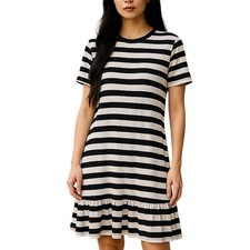 Lauren Ralph Lauren Striped Cream Blue Knit Ruffle Belt T-Shirt Dress Size 14