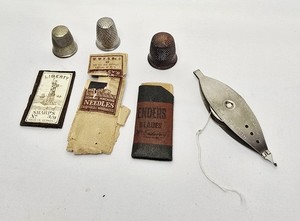 Antique Sewing Lot Tatting Shuttle Thimbles & Vintage Needle Packets Notions
