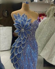 Luxury Blue Mermaid Evening Dresses Beaded Prom Dress Arabic Dubai Party Gown
