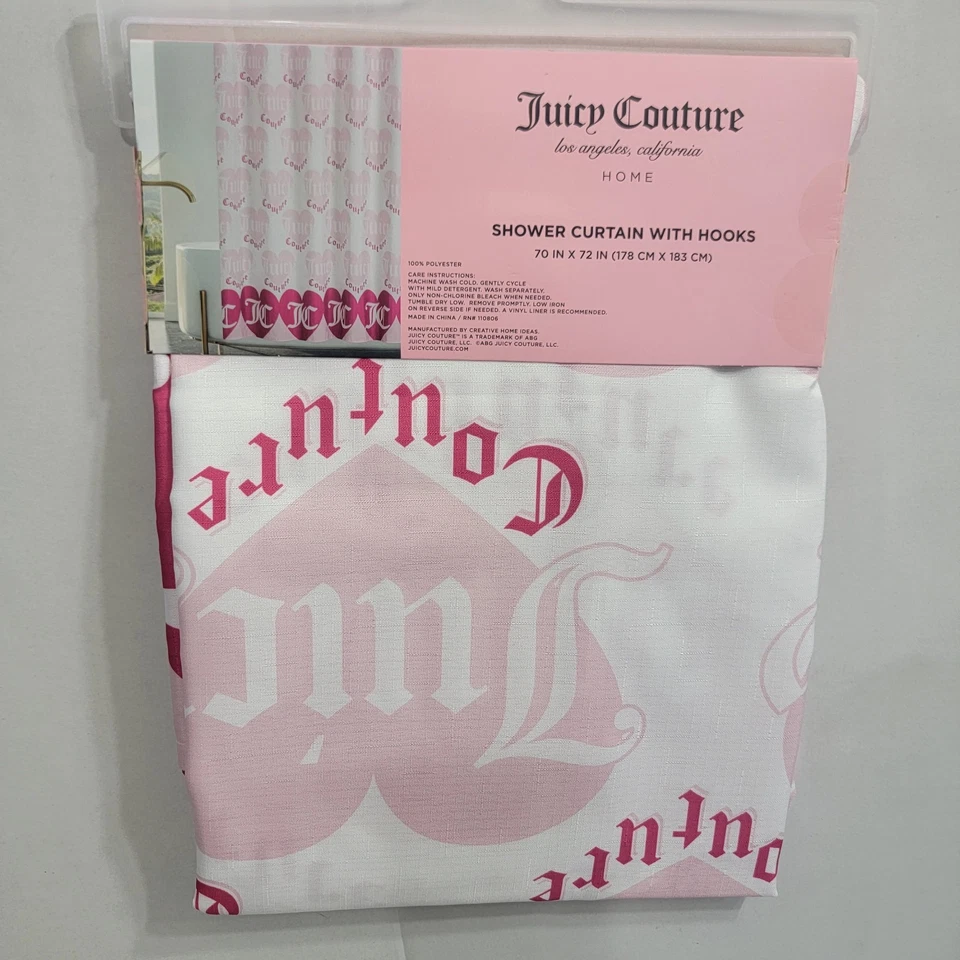 NUEVA CORTINA DE DUCHA JUICY COUTURE Tela Con GANCHOS 70x72 JC Corazones Rosa Metálico Foto 2 de 4
