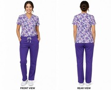 Peaches Scrubs Set Floral Paisley Top Purple Pants Womens Size Medium