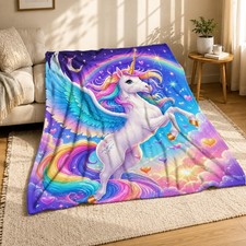 Leaping Rainbow Unicorn Coral Fleece Blanket Magical Fantasy Decor