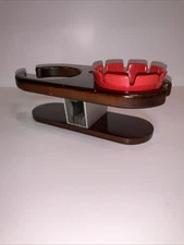 Vintage Wood Car Door Drink Holder & Red Ashtray Caddy Mid Century