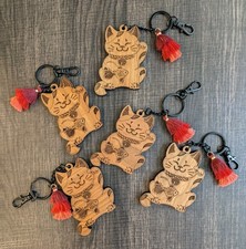 Lucky Cat Keychain Maneki Neko Solid Cherry Wood Cat with Tassel Handmade