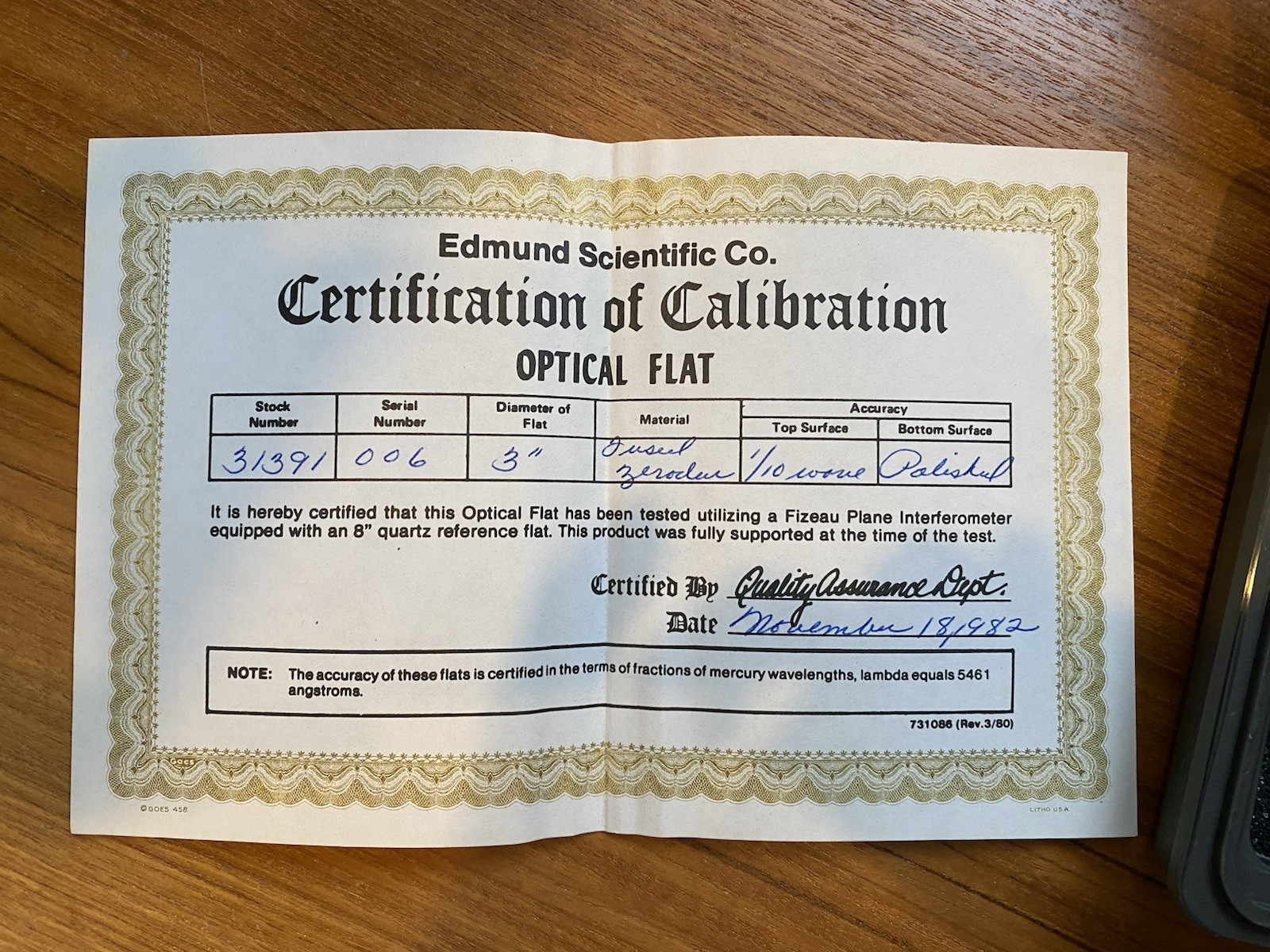 EDMUND  SCIENTIFIC OPTICAL FLAT -  3" ZERODUR,   1/10 WAVE