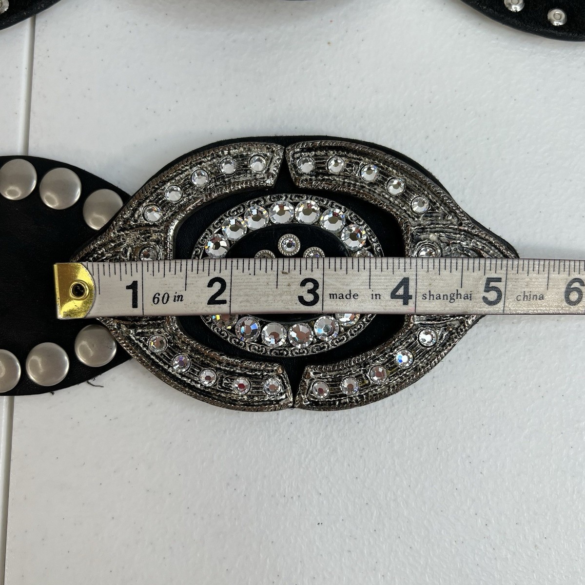 Leather Studded Belt Large 38 Bling Buckle Conch Style Black 