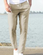 Men's Cotton Linen Blend Pants Drawstring Casual Waist Summer Beach Trousers Gym