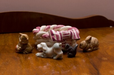Rosalia Ornament Basket with Cat, Rabbit, Squirrel & Dog Figurines - VINTAGE