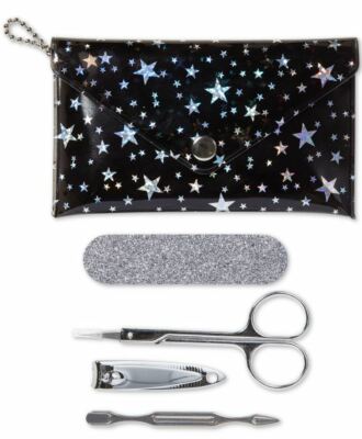 Travel Nail Care Set File Clippers Cuticle Scissors Case Silver Star Pouch New
