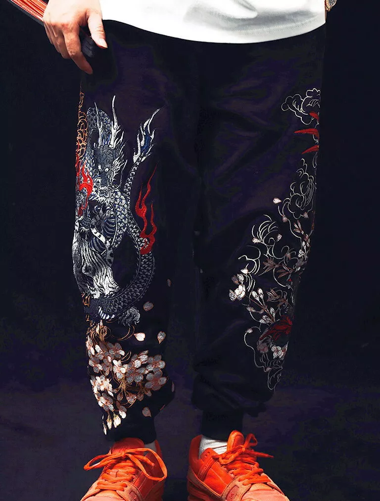 Mens Jogger Track Pants Sweatpants Japanese Pattern Embroidery