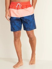 NWT Old Navy RedCoralBlue Colorblock Swim Trunks Board Shorts 8" UPF-40 Men L