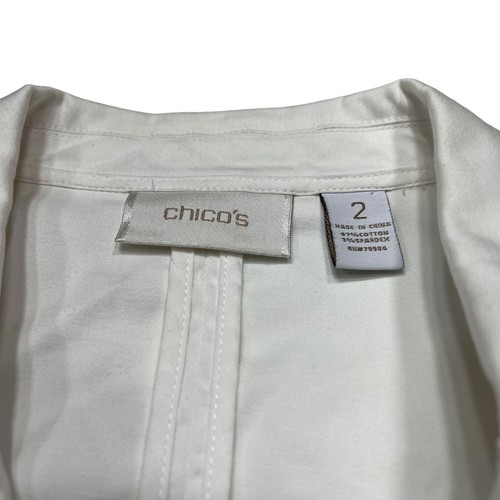 Chicos 1 Button Blazer Jacket Sz 2 Rouched Cuff Padded Shoulder White 3/4 Sleeve - Picture 7 of 11