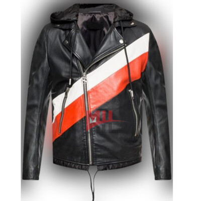 Handmade Men's Black Striped Leather Jacket With Hooded, Fashion Biker Jacket