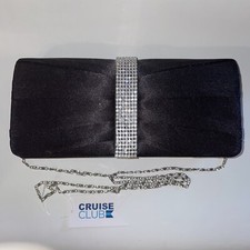Black Satin Clutch Evening Bag with Rhinestone Accents  Detachable Silver Chain