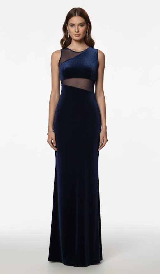 Vtg Betsy & Adam Midnight blue sleeveless Illusion Velvet Maxi Dress Gown, 5/6