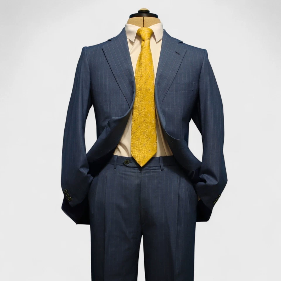 Brioni 2 Pc Suit 42R Blue Pinstripe Wool PALATINO Single Vent Pleated 2 Button - Image 2 of 4
