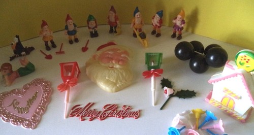 VTG CAKE TOPPER LOT OF PICKS , 7 DWARFS, CHRISTMAS, MOTHERS DAY & MORE!