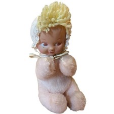 VTG 1950s EDEN TOYS Pink Plush Rattle DOLL BLONDE HAIR Bonnet Rubber Face
