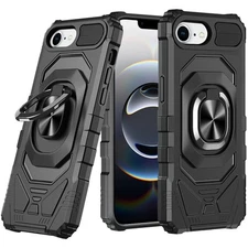 For iPhone 16e Case Shockproof Dual Layer Magnetic Ring Stand + Tempered Glass