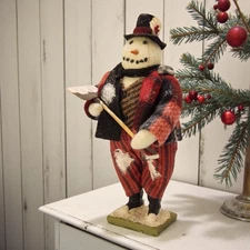 Winter Snowman Snow Shovel Standing Figure Felt Fleece Plaid Dapper Top Hat 9.5"
