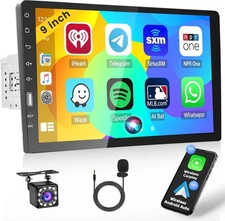 Single 1Din 9" Car Stereo Apple Carplay Android Auto Radio Touch Screen + Camera