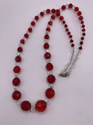 Vintage Red Faceted Crystal Aura Glass Beaded Necklace Very Sparkly