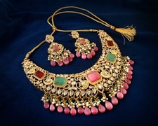Gold Plated Kundan Choker Necklace Set Pink Green Stones Bridal Jewelry