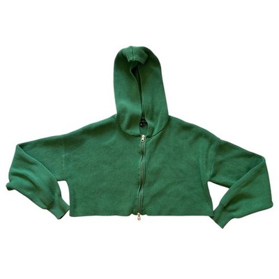 Kendall & Kylie Green Cropped Knit Hoodie Two-Way Zip Cotton Sweater Small