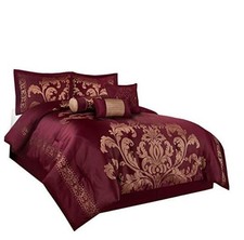 7-Piece Jacquard Floral Comforter Set Maroon Queen Maroon/Gold
