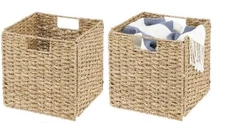 2 Pack Seagrass Woven Cube Basket Organizer with Handles - Storage Folds Flat