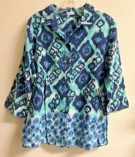 Rebecca Malone Top Women's XL Blue Teal 3/4 Sleeve Collard Button Up Shirt