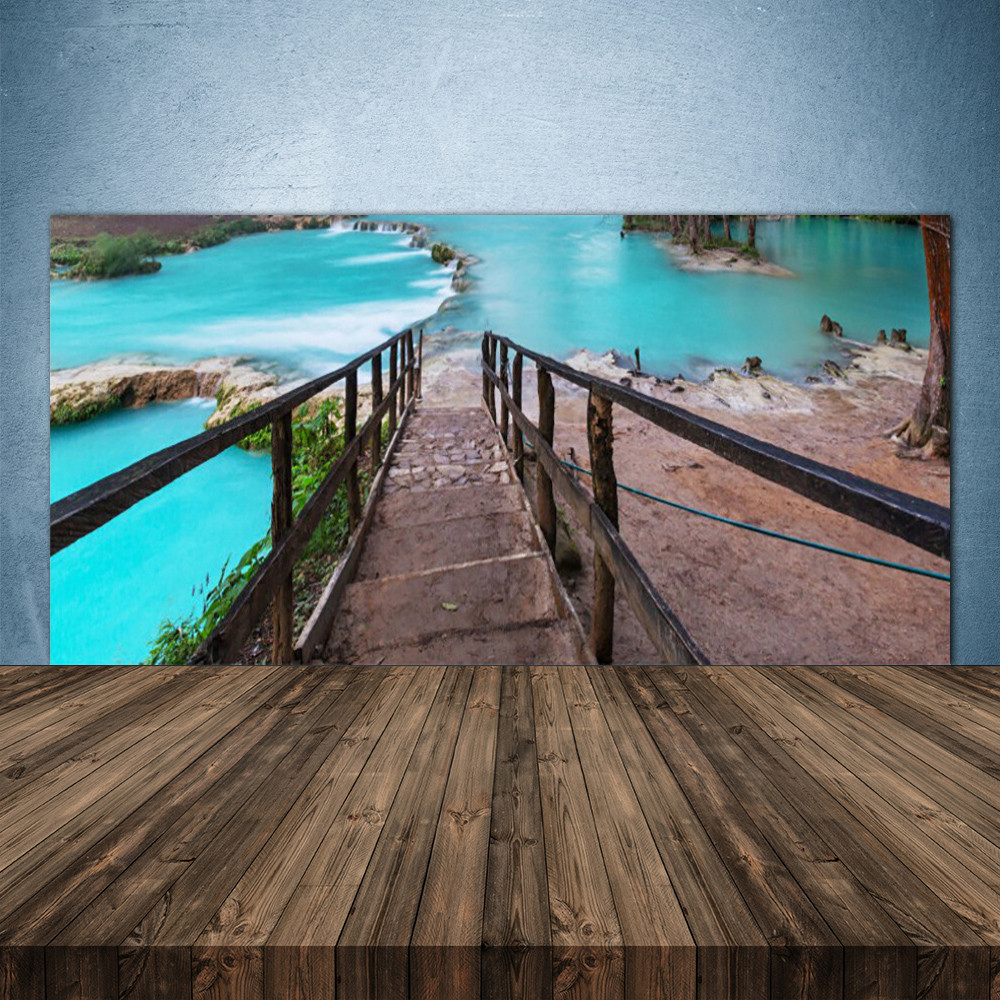 Crédence de cuisine en verre anti-taches 140x70 cm motif escaliers sur lac apaisant