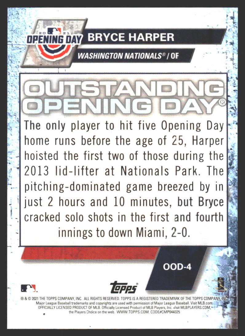 Bryce Harper #OOD-4 2021 Topps Opening Day Outstanding  display picture 1