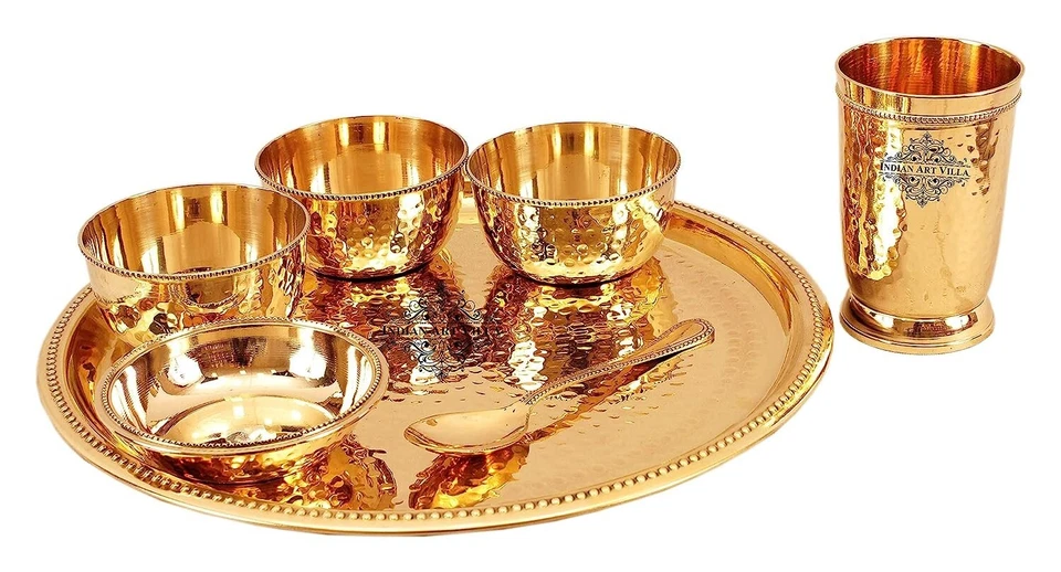 Brass 7 Pcs Dinner Set Plate, 1 Glass, 1 Spoon, 1 Small Plate & 3 Bowls Set of 2 - Image 2 of 4