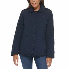 Tommy Hilfiger Womens Large Quilted Jacket Snap Buttons - Dark Blue
