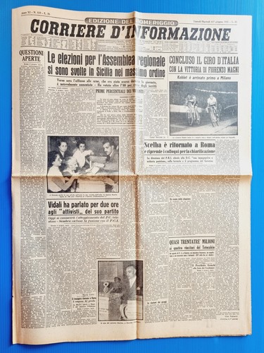 Journal Corriere D'Informazione – 6-7 Juin 1955 – Fiorenzo Magni Vainqueur Giro