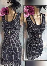 Heaven new look black white flapper 20s gatsby beaded lace Evening dress 8 10